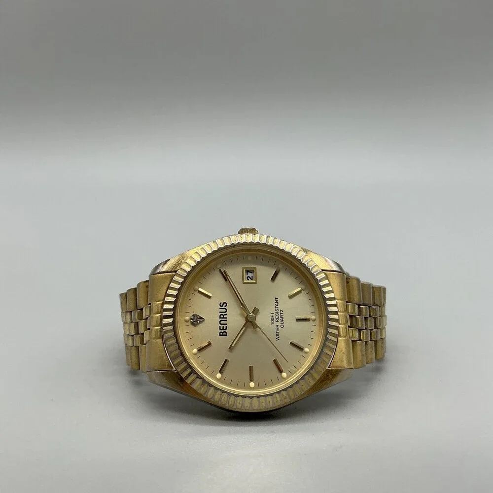 Vintage Benrus President Mens Watch 37mm Gold Tone Date New Battery 7.5